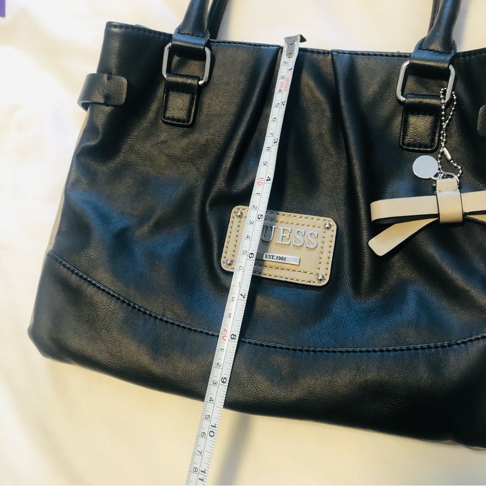 Guess Black and Tan Satchel , DividedOrganizer, Logo Tag Bow purse charm - Picture 11 of 11